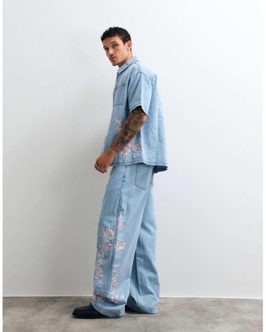 Liquor N Poker Blue Relaxed Japanse Blossom Print Jeans Co-Ord for men