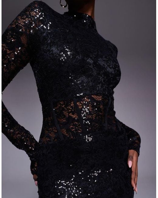 ASOS Blue Embellished Lace Long Sleeve Maxi Dress With Split