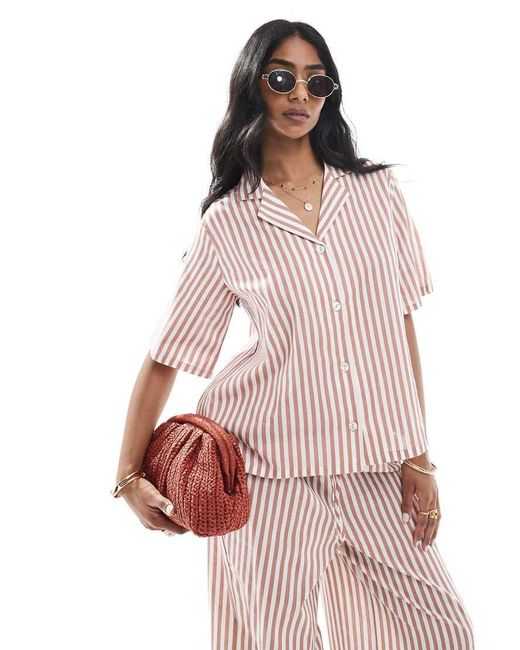 Wednesday's Girl Pink Button Through Linen Boxy Striped Shirt Co-ord