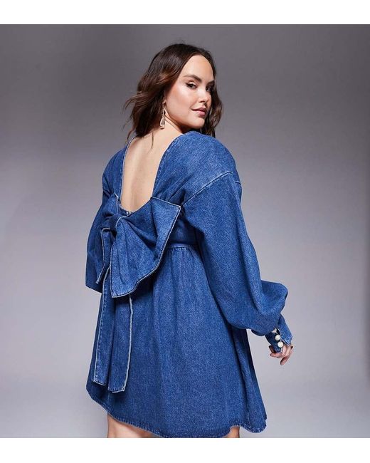 Vestido Corto De Manga Larga Y Corte Babydoll Con Lazo En La Espalda De Denim De Curve ASOS de color Blue