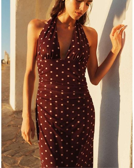 Stradivarius Brown Halter Neck Backless Midi Dress