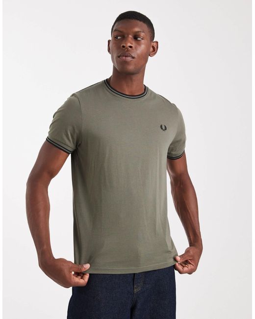 T-shirt avec bord double rayure - kaki Fred Perry pour homme en coloris Gray