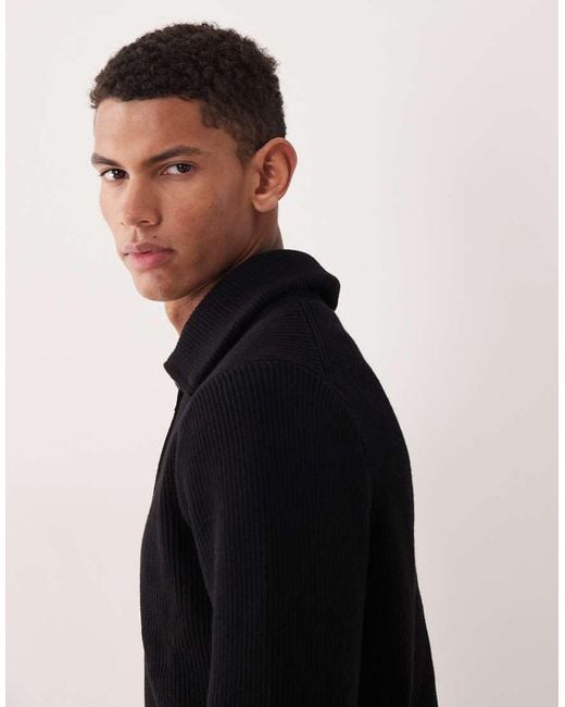 Mango Black Rib Knit Chunky Half Zip Sweater for men