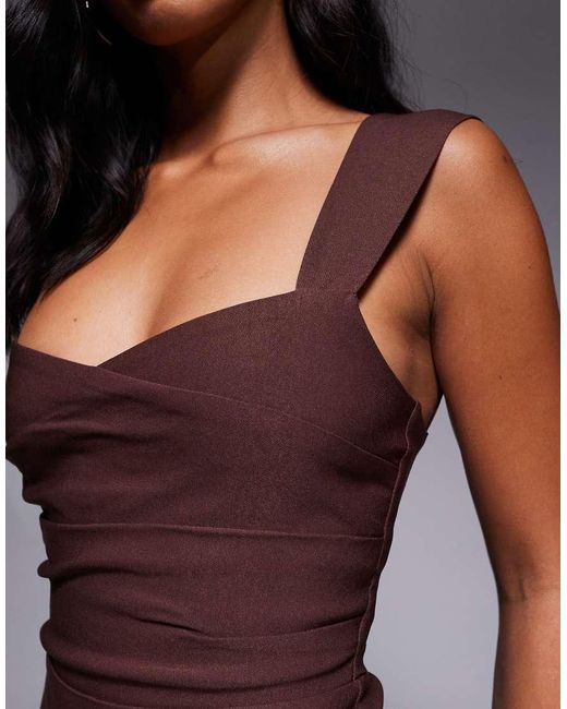 Vesper Petite Brown Bengaline Sweetheart Neckline Ruched Front Midaxi Dress