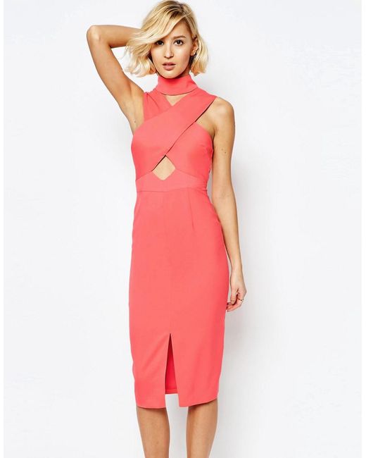 Lavish Alice Pink High Neck Cut-out Detail Centre Split Midi Dress