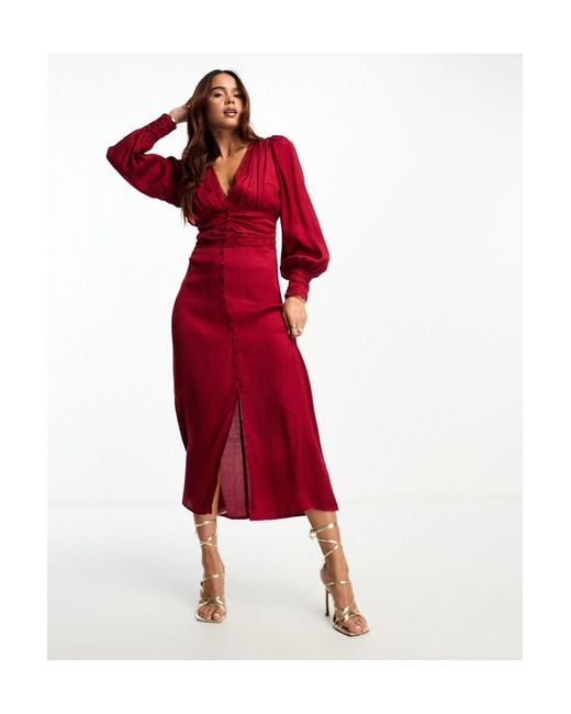 Miss Selfridge Red Satin Jacquard Button Through Lace Trim Midi Dress