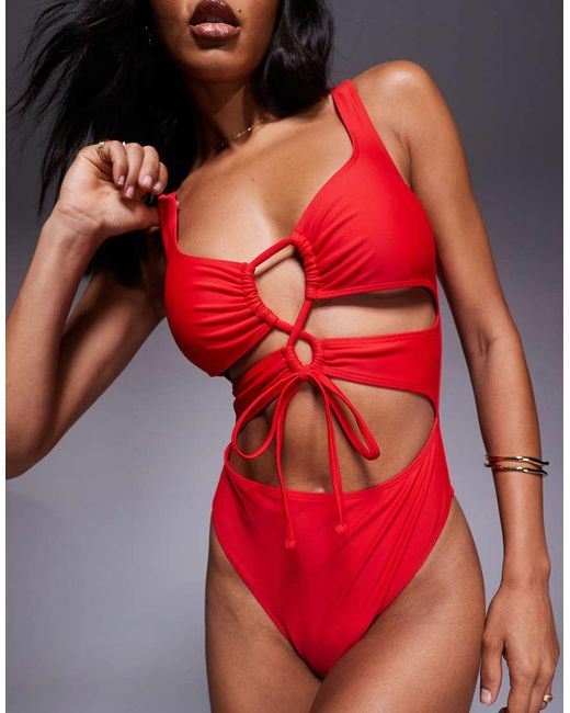 South Beach Red Essentials Cut Out Front Tie Swimsuit