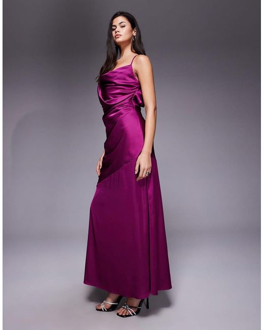 TFNC London Purple Satin Draped Neck Cross Back Maxi Dress