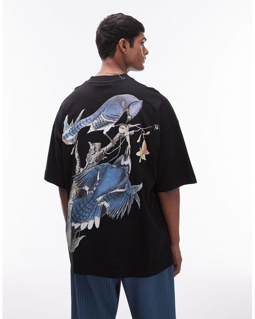 T-shirt super oversize nera con stampa di passeri sul davanti e sul retro di Topman in Blue da Uomo