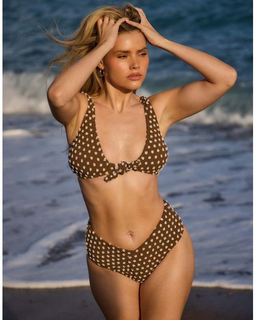 South Beach Brown Textured Spot Knot Front Bikini And V Waist Briefs