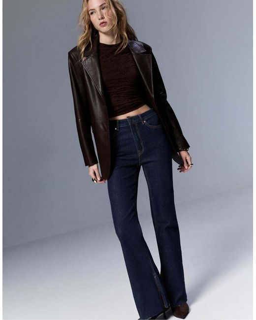 Stradivarius Blue D74 Split Hem Flared Jeans