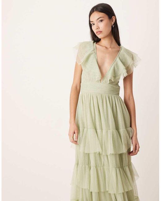 LACE & BEADS Natural Tulle Flutter Sleeve Tiered Frill Maxi Dress