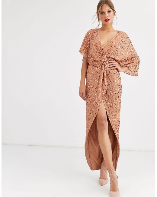 ASOS Brown Scatter Sequin Knot Front Kimono Maxi Dress