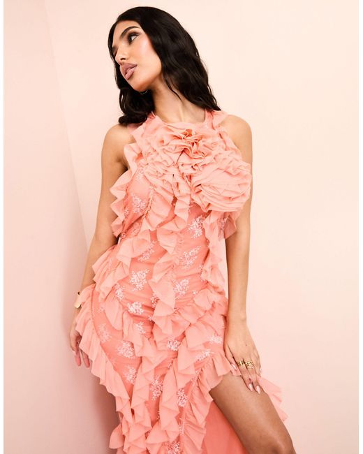ASOS Pink Lace Ruffle Chiffon Halter Maxi Dress With Corsage Detail