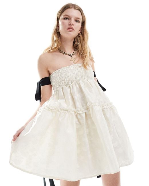Sister Jane White Dream Contrast Bow Sleeve Jacquard Mini Dress