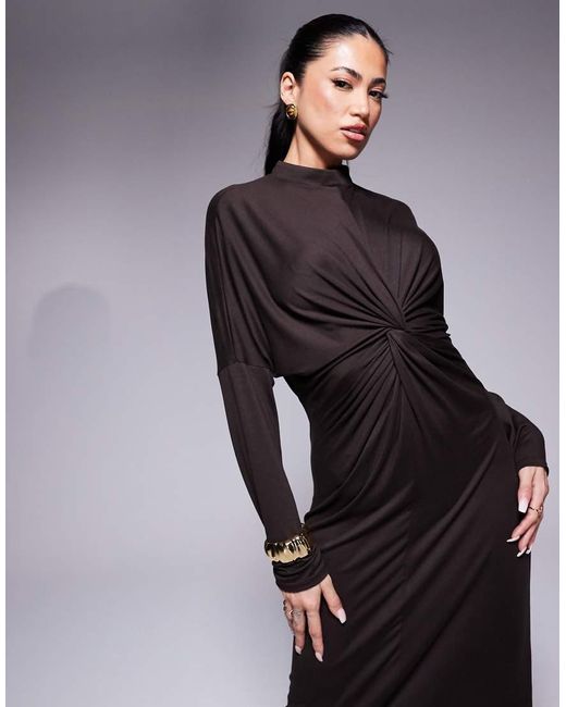 ASOS Blue High Neck Long Sleeve Twist Front Maxi Dress