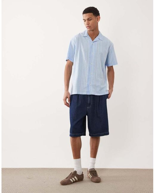 Jack & Jones Blue Premium Linen Blend Short Sleeve Shirt With White Stripes for men