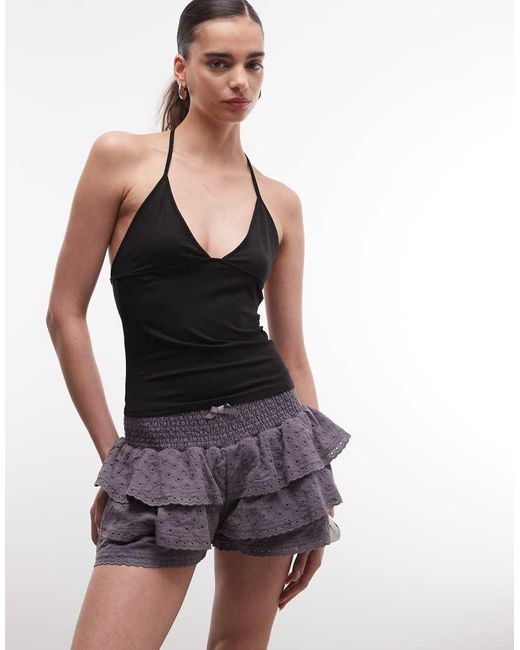 Daisy Street Black Low Rise Shirred Broderie Mini Rara Shorts