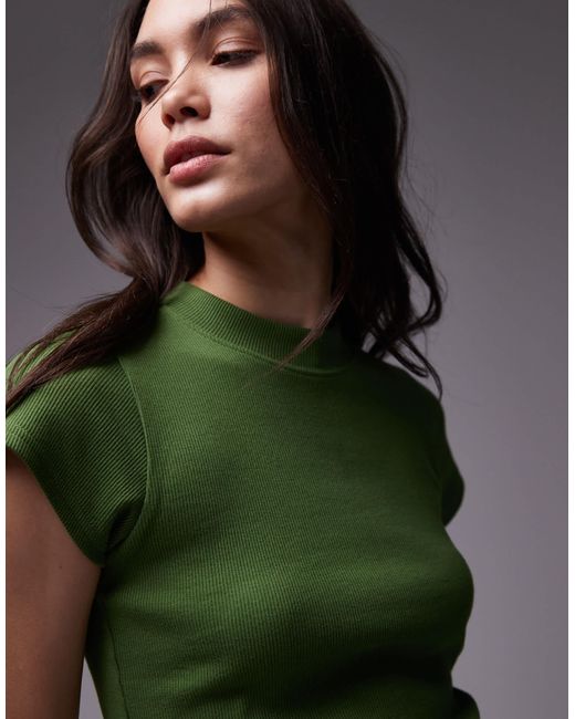TOPSHOP Green Rib Fitted Curve Hem Tee