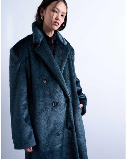 TOPSHOP Blue Faux Fur Longline Double Breasted Coat