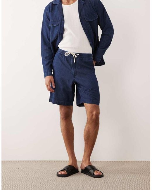 Mango Blue Cotton Mix Denim Look Relaxed Fit Shorts for men