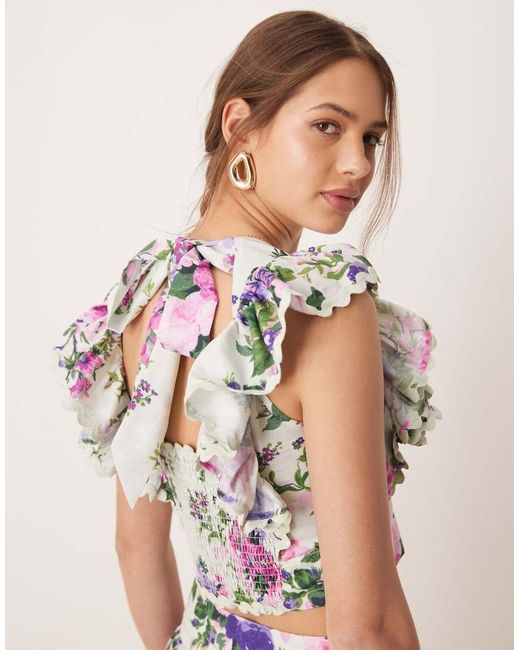 Hope & Ivy Purple Ruffle Sleeve Tie Back Cropped Top Co-Ord