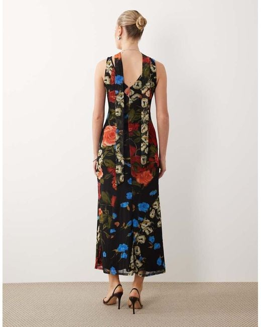 ASOS Multicolor Printed Mesh Midi Dress With Scarf Detail