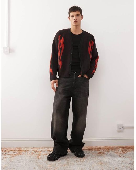 Weekday Black Wool Blend Oversized Cardigan With Flame Graphic for men