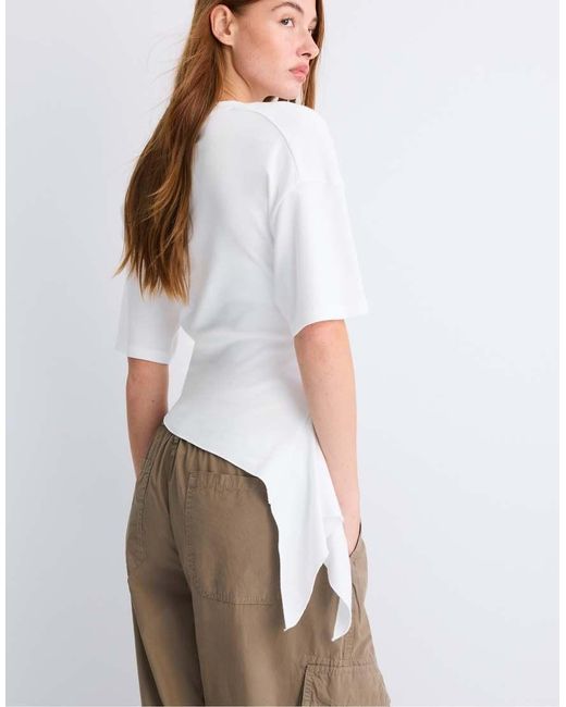 Stradivarius White Asymmetric Short Sleeve T-shirt