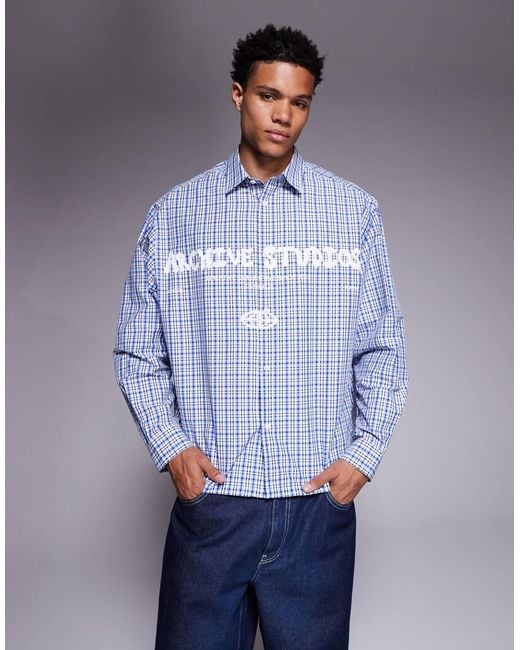 ASOS Men's Blue Oversized Check Shirt With Chest Print