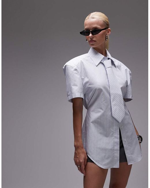 ASOS Gray Shoulder Pad Short Sleeve Shirt With Tie