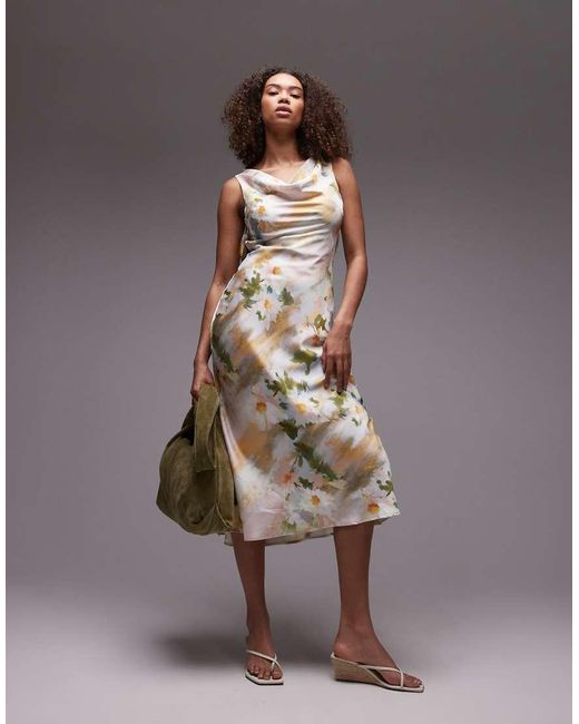 emory park Midi Jurk Met Vervaagde Bloemenprint En Gedrapeerde Halslijn in het Brown
