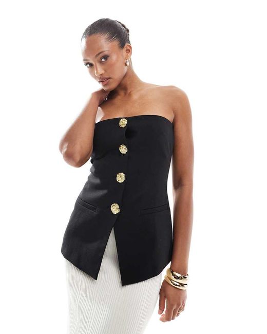 4th & Reckless Blue Tailored Bandeau Split Front Gold Button Top