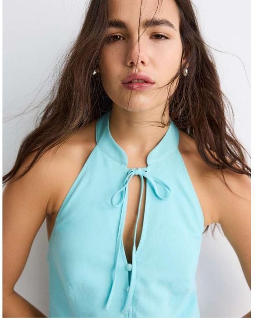 Stradivarius Blue Qipao Halter Button Top