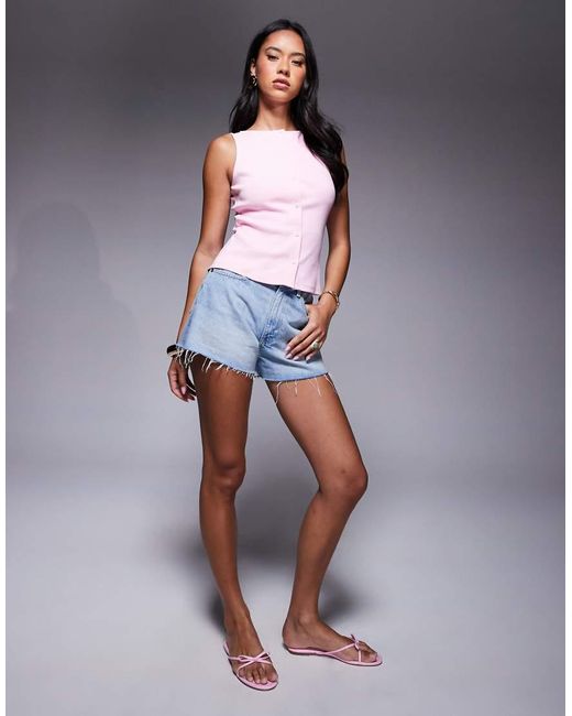 ASOS Pink Wide Neck Ribbed Button Through Tank Top