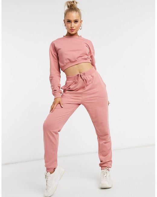 ASOS Tracksuit Cropped Sweat / Slim jogger With Tie in Pink - Lyst