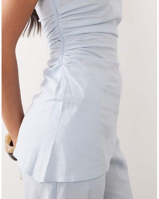 Kaiia White Exclusive Linen Blend Halterneck Asymmetric Hem Ruched Detail Top