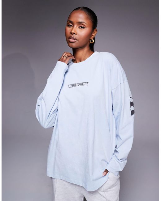 Weekend collective - icon - t-shirt à manches longues avec logo superposé au dos - cendré délavé et chocolat ASOS en coloris Blue