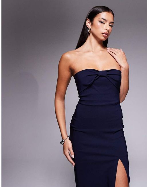Vesper Blue Bengaline Bow Front Detail Bandeau Thigh Split Maxi Dress