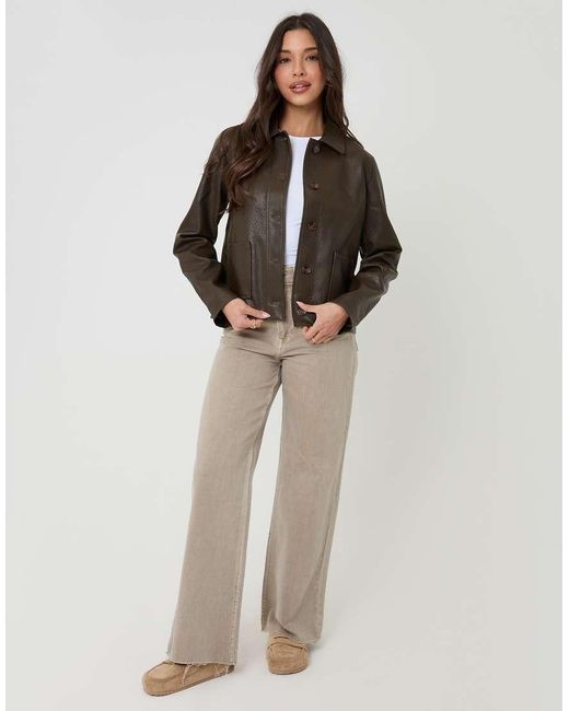 Threadbare Brown Faux Leather Cropped Button Up Jacket