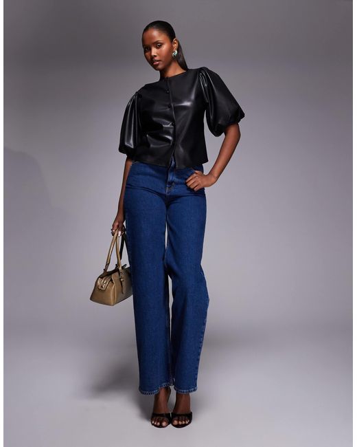 ASOS Blue Pu Puff Sleeve Button Through Top