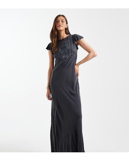 ASOS Blue Asos Design Tall High Neck Maxi Dress With Frill Sleeve And Lace Inserts