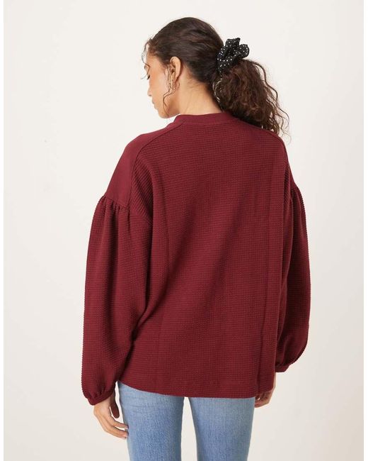 ASOS Red Long Sleeve Waffle Henley With Puff Sleeve Detail
