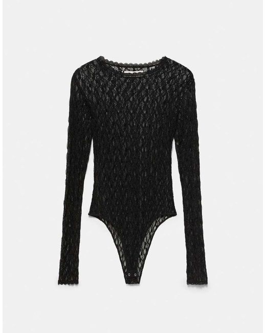 Pull&Bear Black Long Sleeve Lace Bodysuit