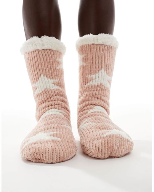 Chaussons-chaussettes confortables en maille torsadée à motif étoile Loungeable en coloris Pink