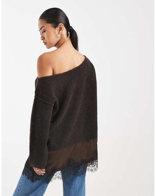 Miss Selfridge Black Fluffy Asym Jumper With Contrast Satin Lace Hem