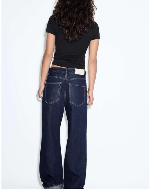 Stradivarius Blue D92 Ripped Straight Wide-leg Jeans