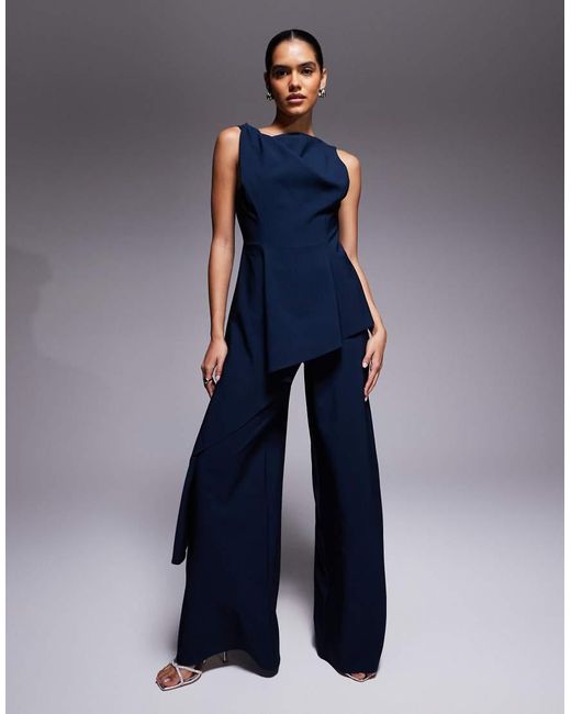 ASOS Blue Twist Shoulder Draped Jumpsuit