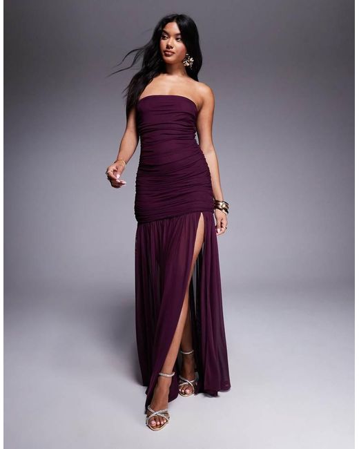 Aria Cove Purple Mesh Bandeau Ruched Sheer Drop Hem Side Slit Maxi Dress