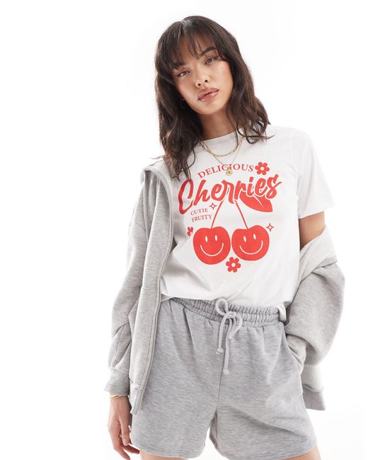 Pieces White 'delicious Cherries' Front Print Oversize T-shirt
